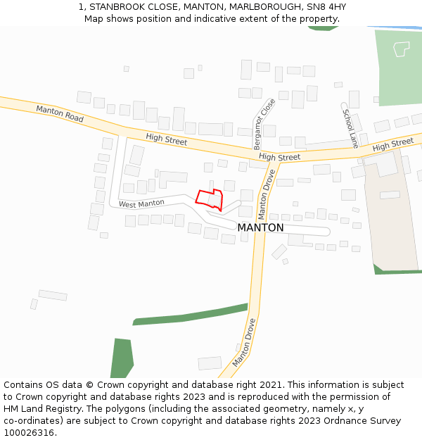 1, STANBROOK CLOSE, MANTON, MARLBOROUGH, SN8 4HY: Location map and indicative extent of plot