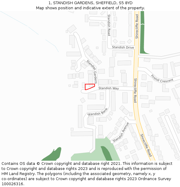 1, STANDISH GARDENS, SHEFFIELD, S5 8YD: Location map and indicative extent of plot