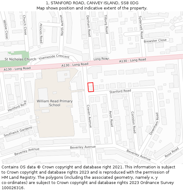 1, STANFORD ROAD, CANVEY ISLAND, SS8 0DG: Location map and indicative extent of plot