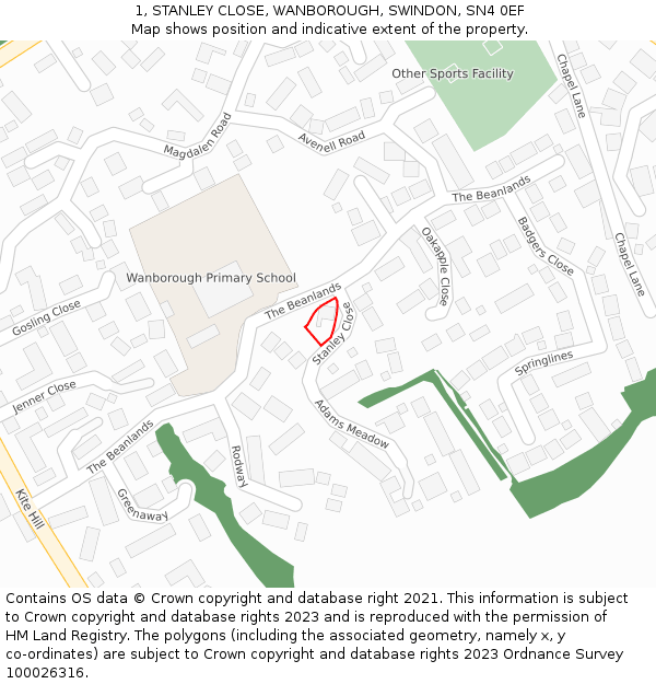 1, STANLEY CLOSE, WANBOROUGH, SWINDON, SN4 0EF: Location map and indicative extent of plot