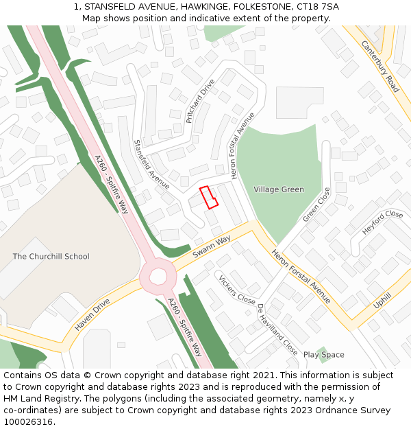 1, STANSFELD AVENUE, HAWKINGE, FOLKESTONE, CT18 7SA: Location map and indicative extent of plot