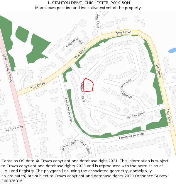 1, STANTON DRIVE, CHICHESTER, PO19 5QN: Location map and indicative extent of plot
