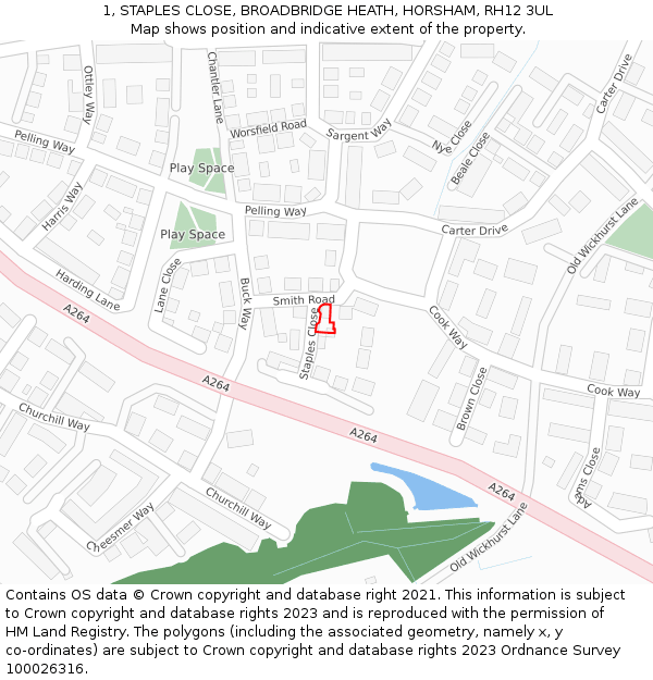 1, STAPLES CLOSE, BROADBRIDGE HEATH, HORSHAM, RH12 3UL: Location map and indicative extent of plot