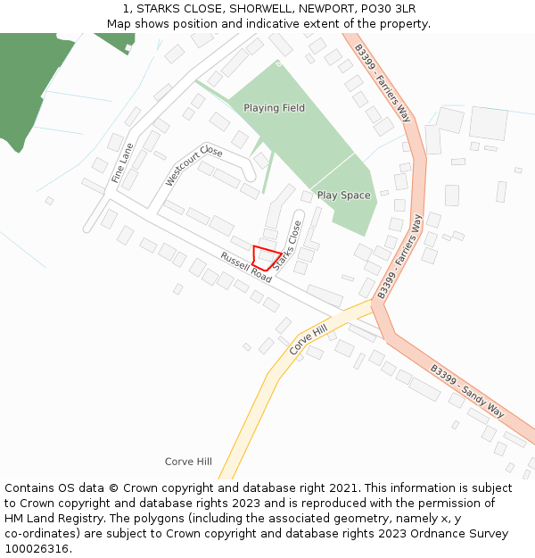 1, STARKS CLOSE, SHORWELL, NEWPORT, PO30 3LR: Location map and indicative extent of plot