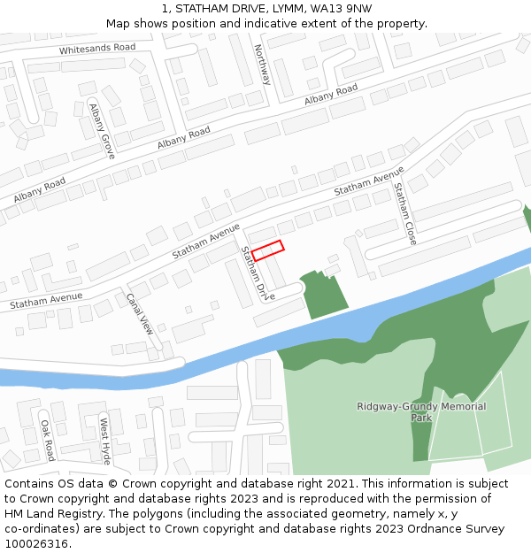 1, STATHAM DRIVE, LYMM, WA13 9NW: Location map and indicative extent of plot