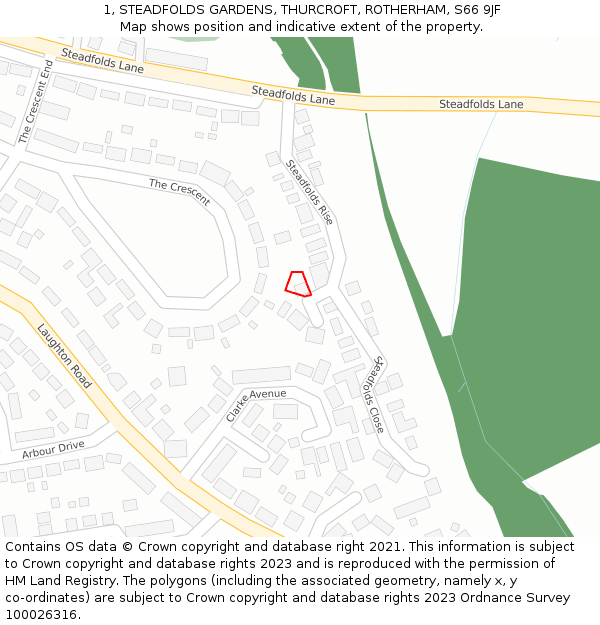 1, STEADFOLDS GARDENS, THURCROFT, ROTHERHAM, S66 9JF: Location map and indicative extent of plot