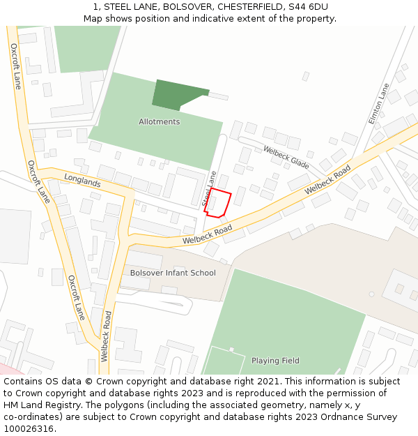 1, STEEL LANE, BOLSOVER, CHESTERFIELD, S44 6DU: Location map and indicative extent of plot