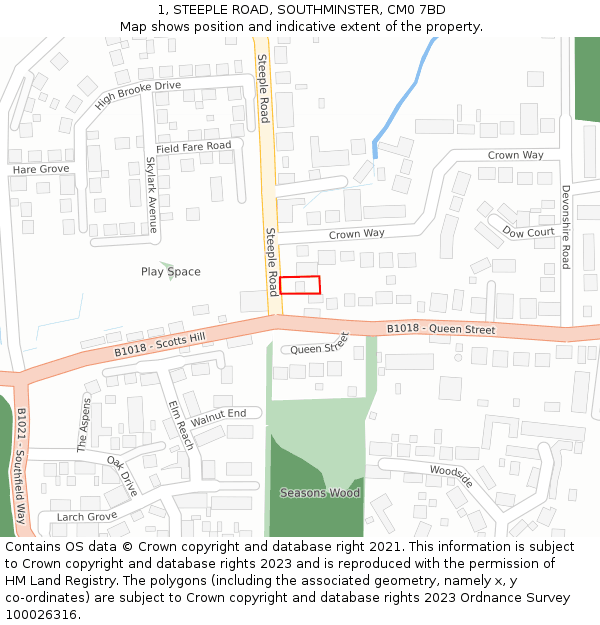 1, STEEPLE ROAD, SOUTHMINSTER, CM0 7BD: Location map and indicative extent of plot