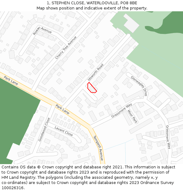 1, STEPHEN CLOSE, WATERLOOVILLE, PO8 8BE: Location map and indicative extent of plot