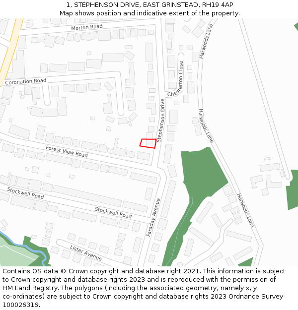 1, STEPHENSON DRIVE, EAST GRINSTEAD, RH19 4AP: Location map and indicative extent of plot