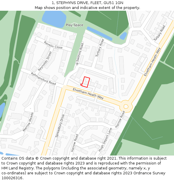 1, STEPHYNS DRIVE, FLEET, GU51 1GN: Location map and indicative extent of plot