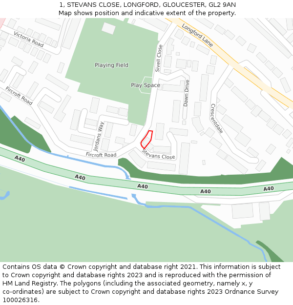 1, STEVANS CLOSE, LONGFORD, GLOUCESTER, GL2 9AN: Location map and indicative extent of plot