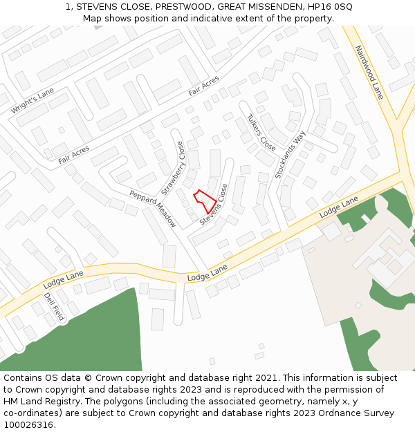 1, STEVENS CLOSE, PRESTWOOD, GREAT MISSENDEN, HP16 0SQ: Location map and indicative extent of plot