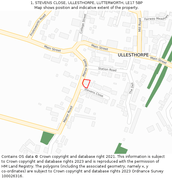 1, STEVENS CLOSE, ULLESTHORPE, LUTTERWORTH, LE17 5BP: Location map and indicative extent of plot