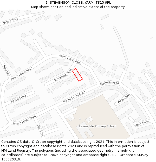 1, STEVENSON CLOSE, YARM, TS15 9RL: Location map and indicative extent of plot