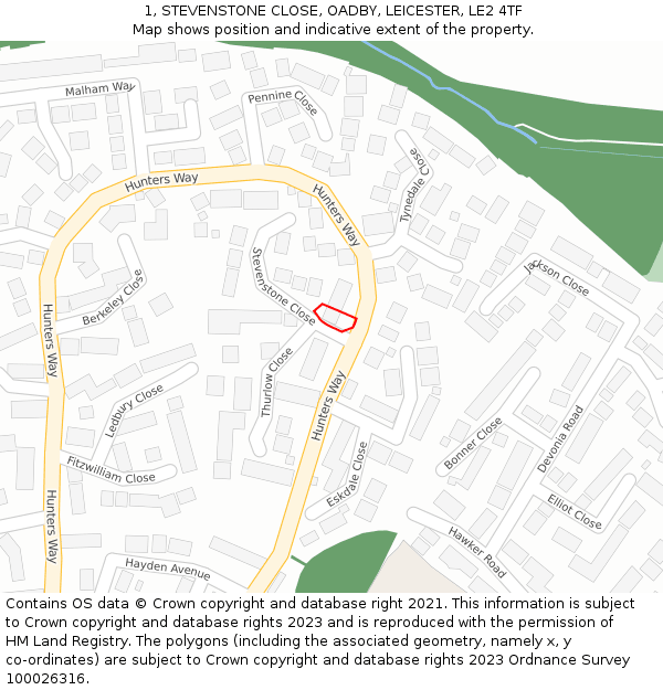 1, STEVENSTONE CLOSE, OADBY, LEICESTER, LE2 4TF: Location map and indicative extent of plot