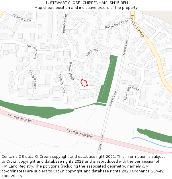 1, STEWART CLOSE, CHIPPENHAM, SN15 3FH: Location map and indicative extent of plot