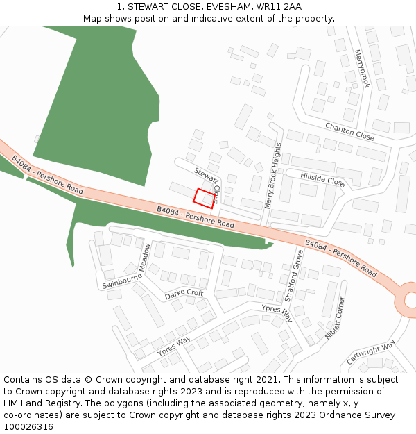 1, STEWART CLOSE, EVESHAM, WR11 2AA: Location map and indicative extent of plot