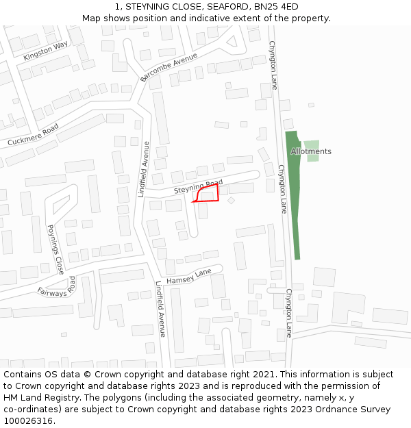 1, STEYNING CLOSE, SEAFORD, BN25 4ED: Location map and indicative extent of plot