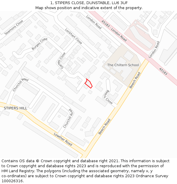 1, STIPERS CLOSE, DUNSTABLE, LU6 3UF: Location map and indicative extent of plot