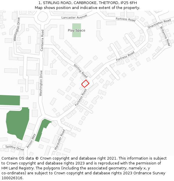 1, STIRLING ROAD, CARBROOKE, THETFORD, IP25 6FH: Location map and indicative extent of plot