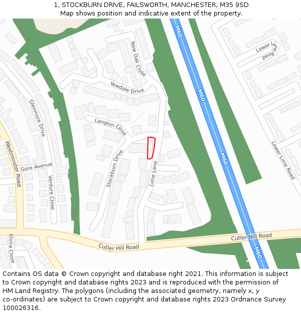 1, STOCKBURN DRIVE, FAILSWORTH, MANCHESTER, M35 9SD: Location map and indicative extent of plot