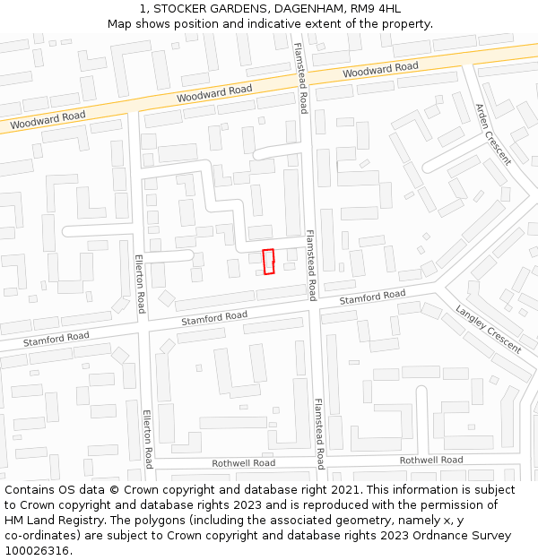 1, STOCKER GARDENS, DAGENHAM, RM9 4HL: Location map and indicative extent of plot