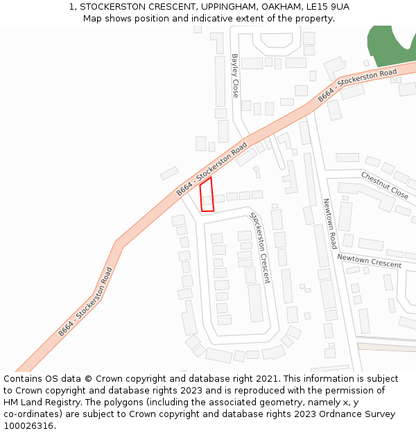 1, STOCKERSTON CRESCENT, UPPINGHAM, OAKHAM, LE15 9UA: Location map and indicative extent of plot