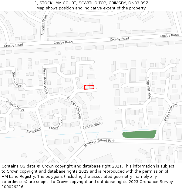 1, STOCKHAM COURT, SCARTHO TOP, GRIMSBY, DN33 3SZ: Location map and indicative extent of plot