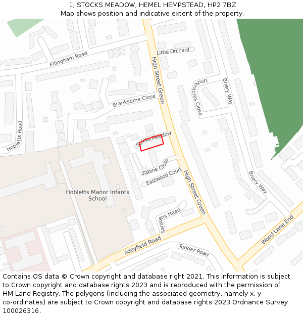 1, STOCKS MEADOW, HEMEL HEMPSTEAD, HP2 7BZ: Location map and indicative extent of plot