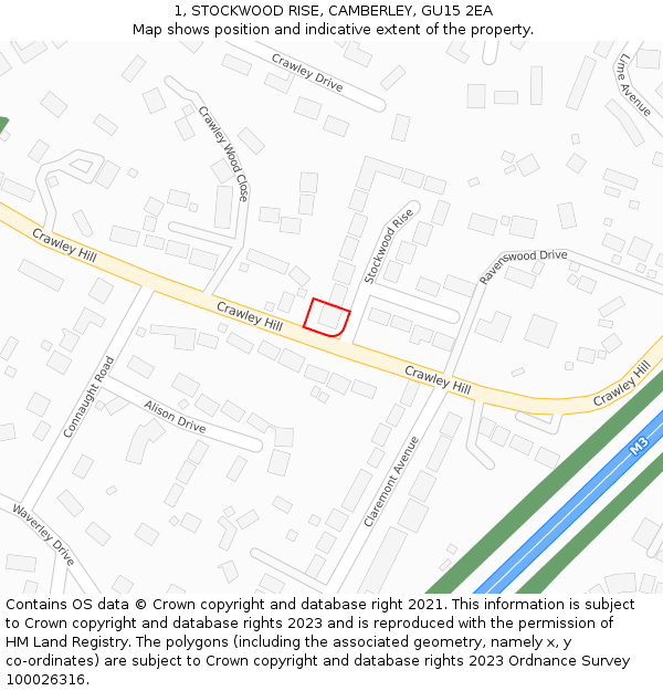 1, STOCKWOOD RISE, CAMBERLEY, GU15 2EA: Location map and indicative extent of plot