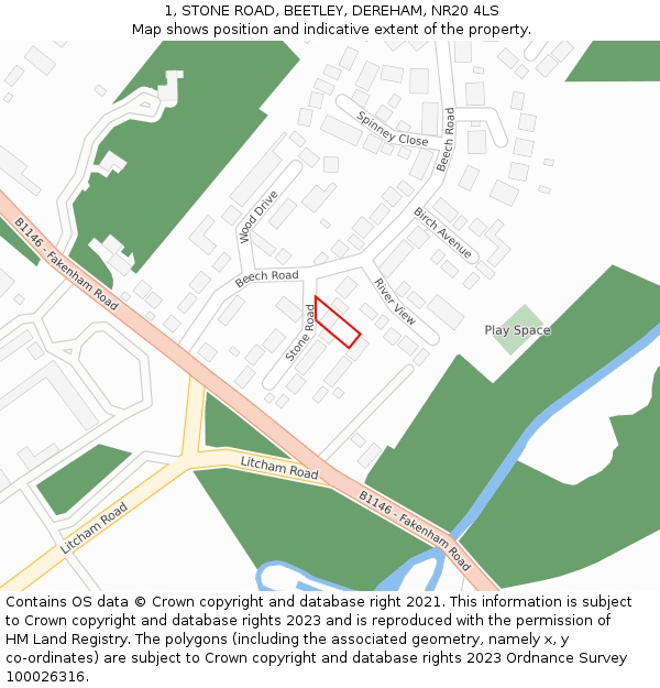 1, STONE ROAD, BEETLEY, DEREHAM, NR20 4LS: Location map and indicative extent of plot