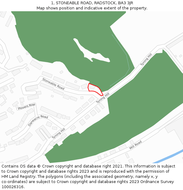 1, STONEABLE ROAD, RADSTOCK, BA3 3JR: Location map and indicative extent of plot