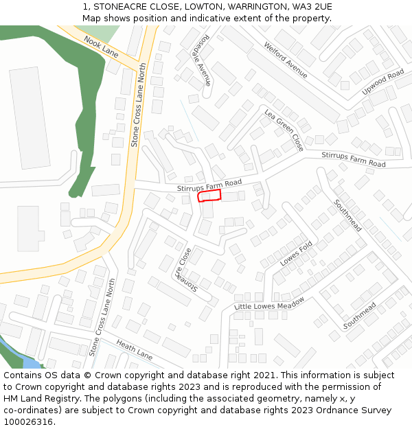 1, STONEACRE CLOSE, LOWTON, WARRINGTON, WA3 2UE: Location map and indicative extent of plot