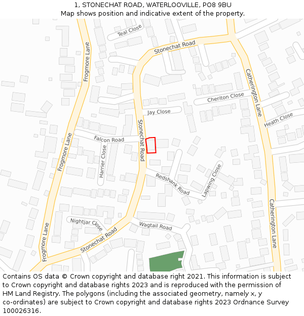 1, STONECHAT ROAD, WATERLOOVILLE, PO8 9BU: Location map and indicative extent of plot