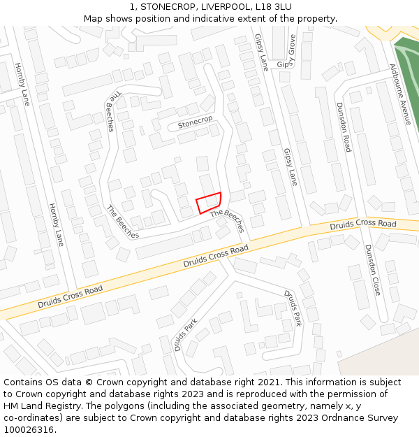 1, STONECROP, LIVERPOOL, L18 3LU: Location map and indicative extent of plot