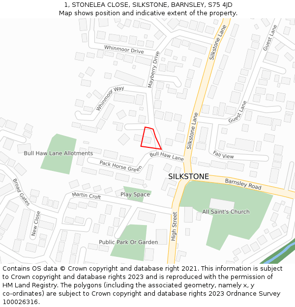 1, STONELEA CLOSE, SILKSTONE, BARNSLEY, S75 4JD: Location map and indicative extent of plot