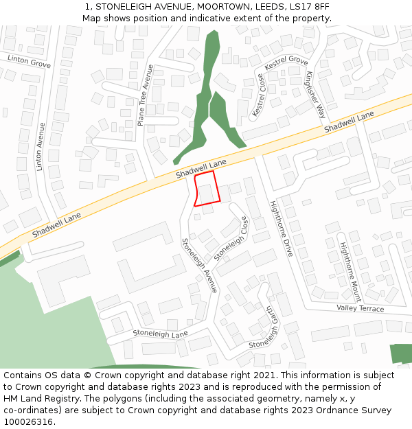 1, STONELEIGH AVENUE, MOORTOWN, LEEDS, LS17 8FF: Location map and indicative extent of plot