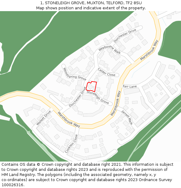 1, STONELEIGH GROVE, MUXTON, TELFORD, TF2 8SU: Location map and indicative extent of plot