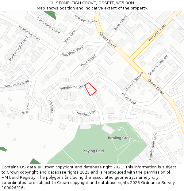 1, STONELEIGH GROVE, OSSETT, WF5 8QN: Location map and indicative extent of plot