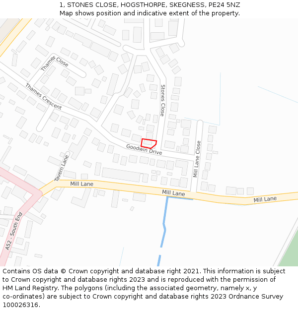 1, STONES CLOSE, HOGSTHORPE, SKEGNESS, PE24 5NZ: Location map and indicative extent of plot