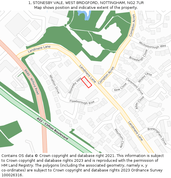 1, STONESBY VALE, WEST BRIDGFORD, NOTTINGHAM, NG2 7UR: Location map and indicative extent of plot