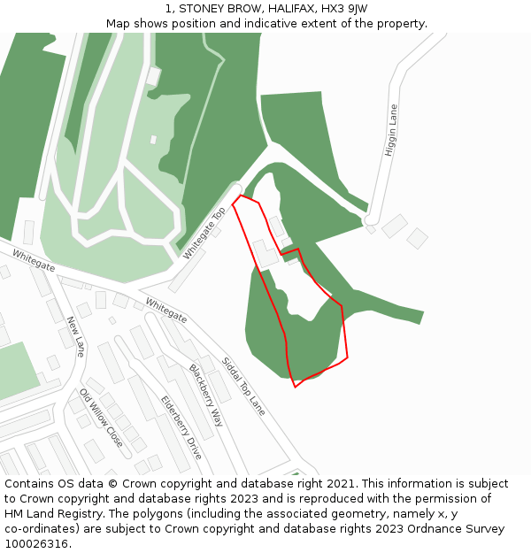 1, STONEY BROW, HALIFAX, HX3 9JW: Location map and indicative extent of plot