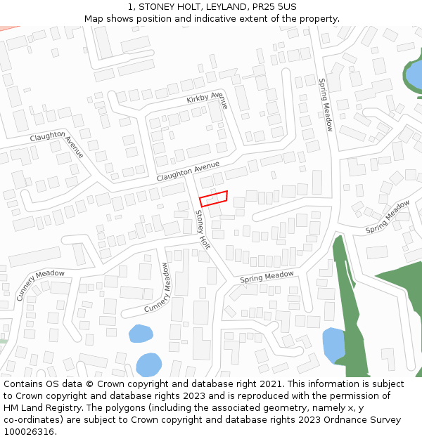 1, STONEY HOLT, LEYLAND, PR25 5US: Location map and indicative extent of plot