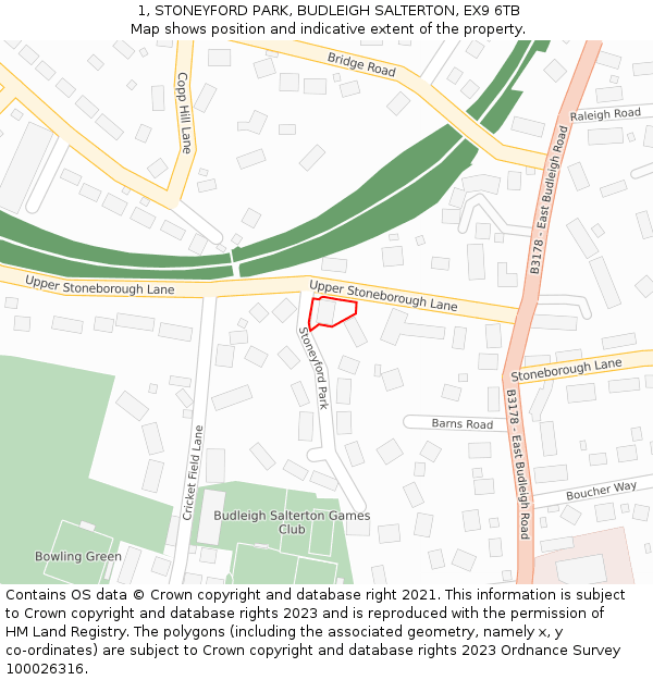 1, STONEYFORD PARK, BUDLEIGH SALTERTON, EX9 6TB: Location map and indicative extent of plot