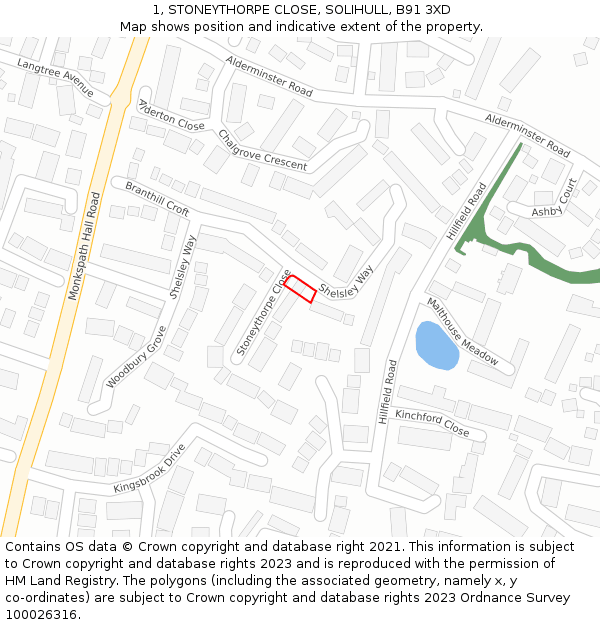 1, STONEYTHORPE CLOSE, SOLIHULL, B91 3XD: Location map and indicative extent of plot