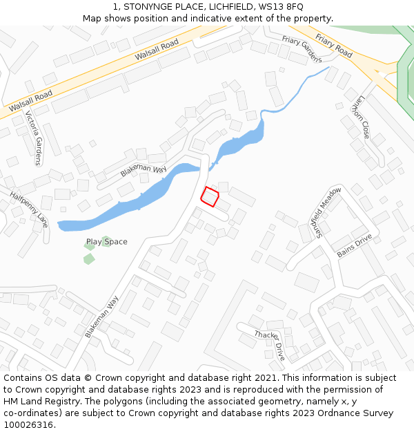 1, STONYNGE PLACE, LICHFIELD, WS13 8FQ: Location map and indicative extent of plot