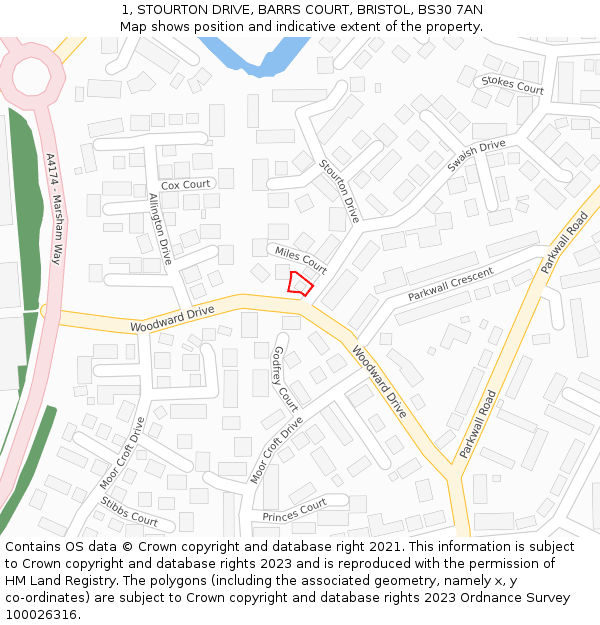 1, STOURTON DRIVE, BARRS COURT, BRISTOL, BS30 7AN: Location map and indicative extent of plot