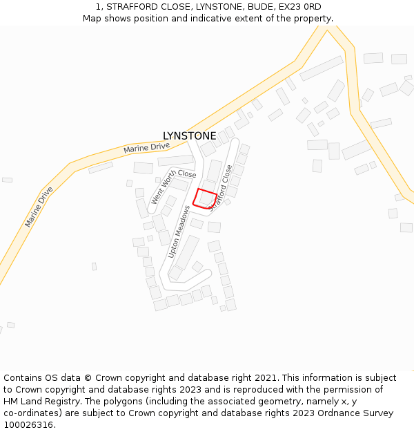 1, STRAFFORD CLOSE, LYNSTONE, BUDE, EX23 0RD: Location map and indicative extent of plot