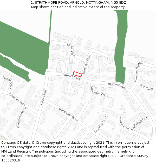 1, STRATHMORE ROAD, ARNOLD, NOTTINGHAM, NG5 8DZ: Location map and indicative extent of plot